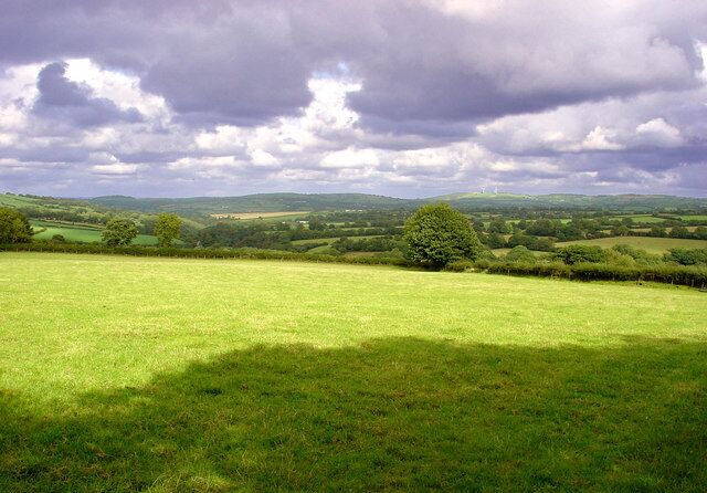 Field near Pen-banc, Clydau The hill in the distance with wind turbines is Moelfre (SN326361).
