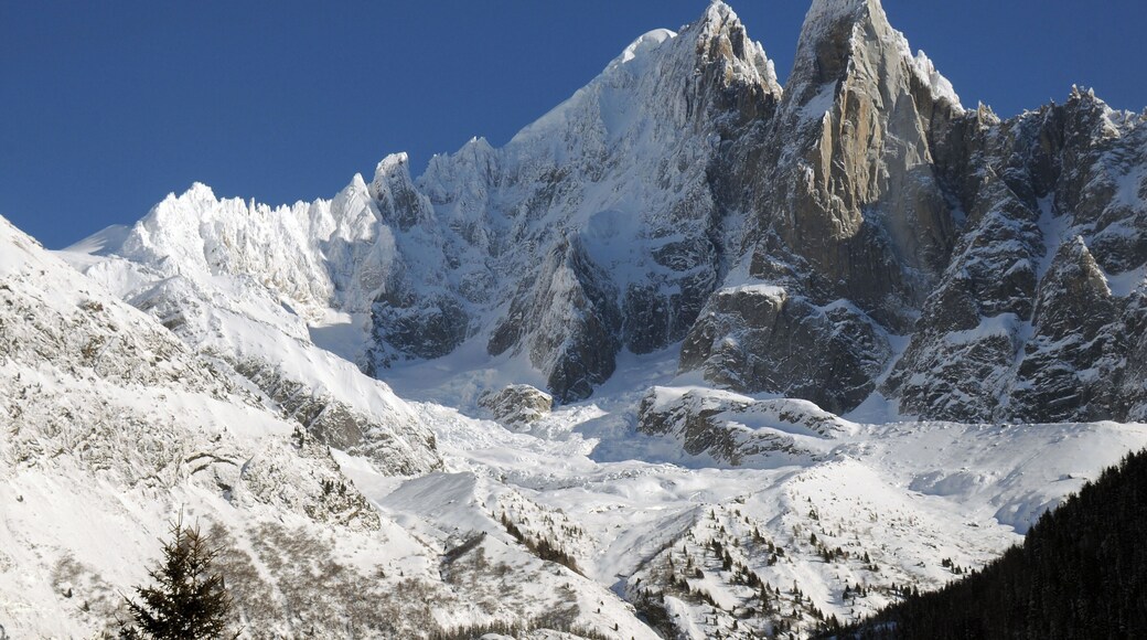 Panoramic view at The Drus 3751 m, with Aiguille Verte 4122 m behind it (the white saddle left of it). The sharp rocky peak in between hes 2 is the Pic sans nom 3791 m. The pure withe hump left is the Petite Aiguille Verte 3512 m, and the almost square peak more in the center is the Aiguille Carree 3716 m. The photolocation was just beside the main road between Chamonix and Argentiere, at a height of some 1060 m and 5 to 6 km distance from these peaks. The Drus rise up over more than 1000 m above the glacier in front of it!