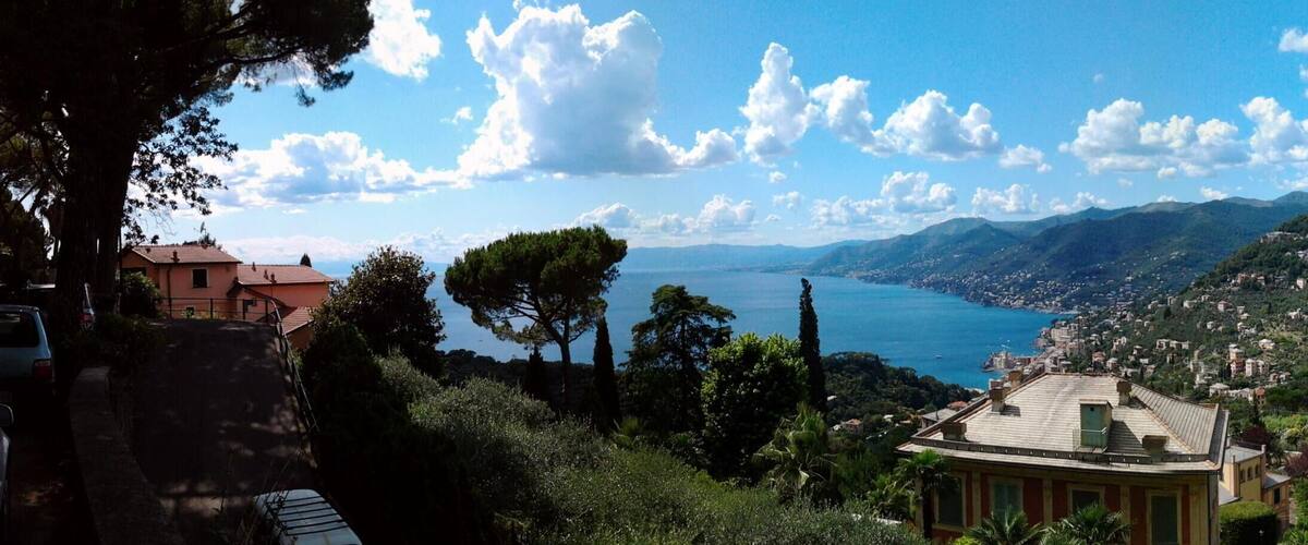 A coastal town with a prominent hill, a body of water, and lush greenery.