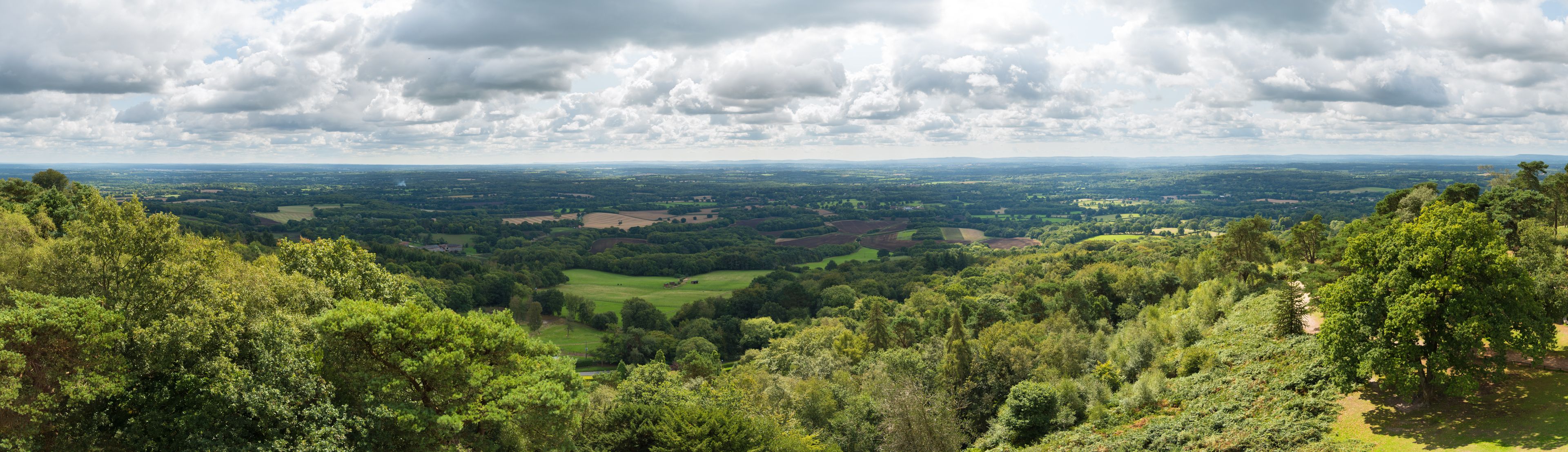 Una valle lussureggiante con fitte foreste, dolci colline e una lontana vista su un paesaggio piatto sotto un cielo nuvoloso.
