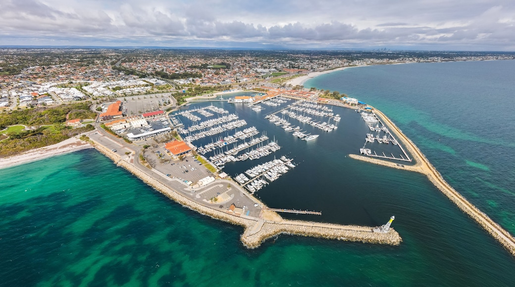 Vista aérea de un puerto deportivo con barcos amarrados, rodeado por un pueblo costero y un cielo despejado.