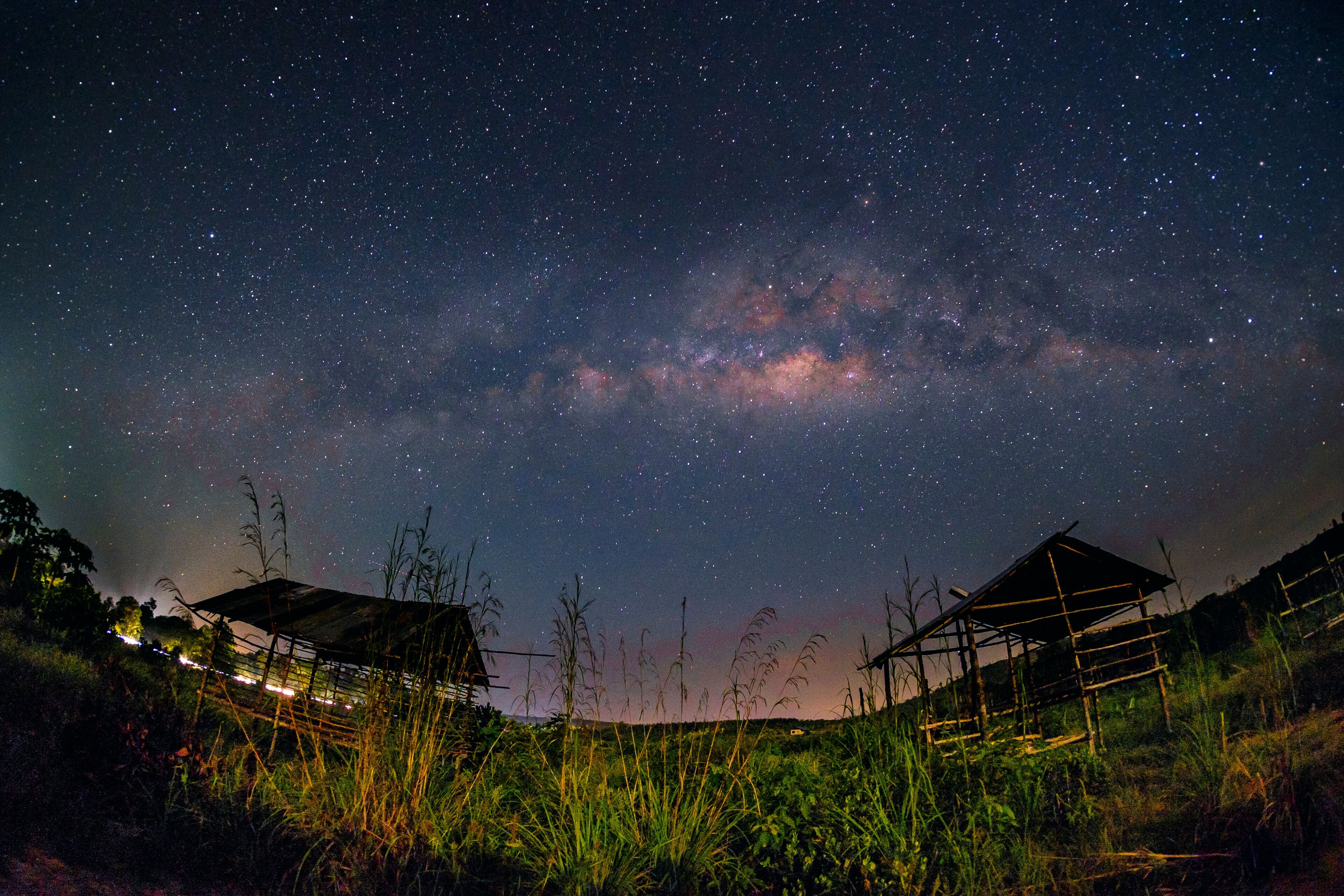 A starry night sky with the Milky Way visible, a rural landscape with two wooden structures, and tall grass in the foreground.