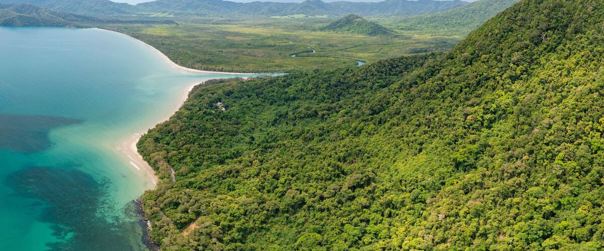 A coastal landscape with a beach, dense forest, and rolling hills.