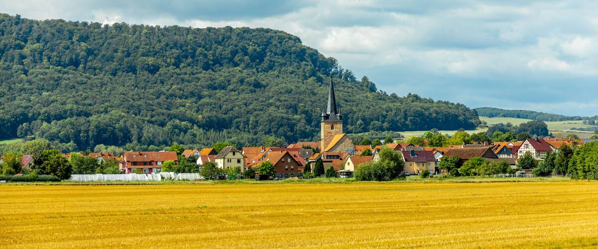 A village with a church, surrounded by fields and a forested hill.