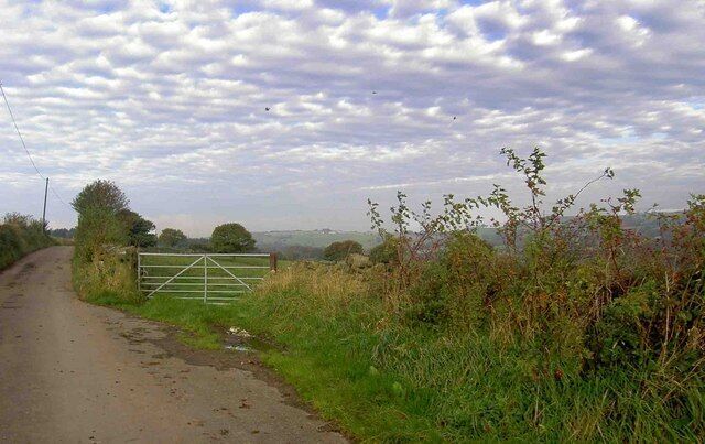 A rural road with a metal gate, surrounded by greenery and a cloudy sky.