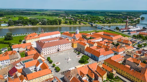Aerial view of Tvrđa (Fortress), Osijek – a stunning Baroque fortress complex showcasing remarkable old architecture and historic charm, nestled along the Drava River in eastern Croatia