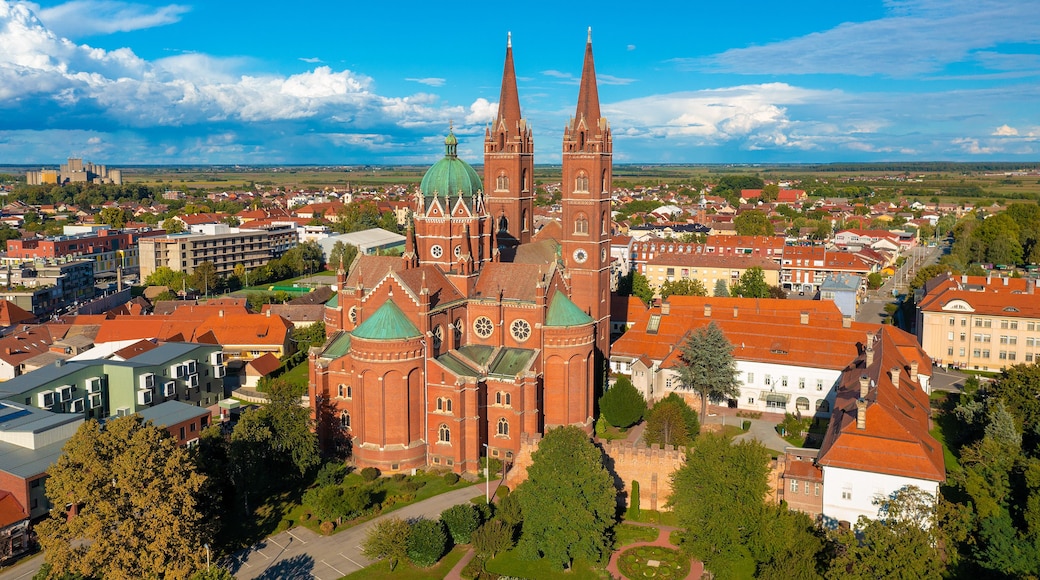 Historiallinen kirkko, jossa on kaksi korkeaa tornia ja vihreä kupoli, ja sen ympärillä on kaupunki, jonka rakennuksissa on punaiset katot.