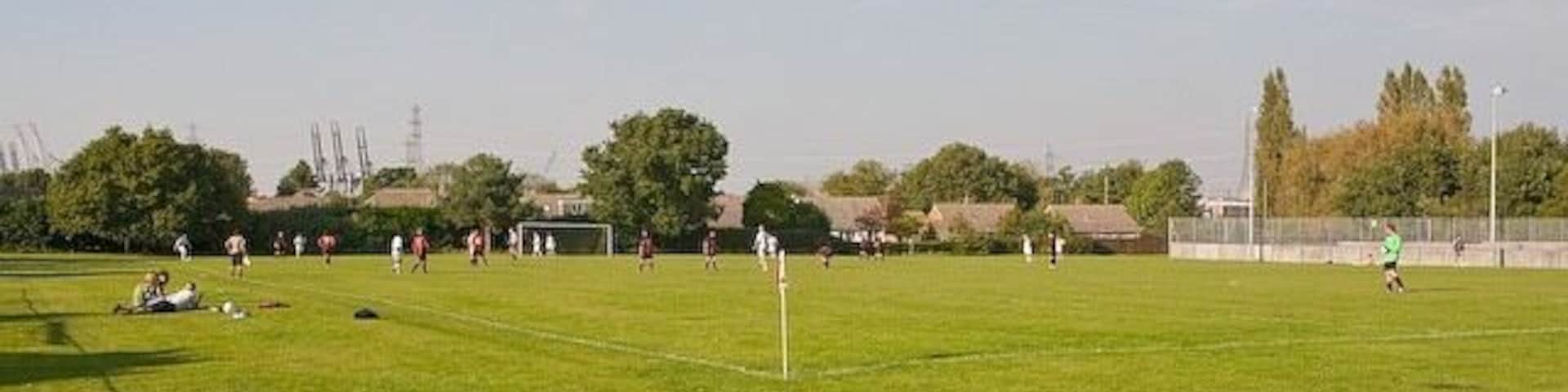 Lloyd Recreation Ground, Marchwood There is a children's playground off-picture left, tennis courts at right, and some kind of hall or pavilion off-picture right.