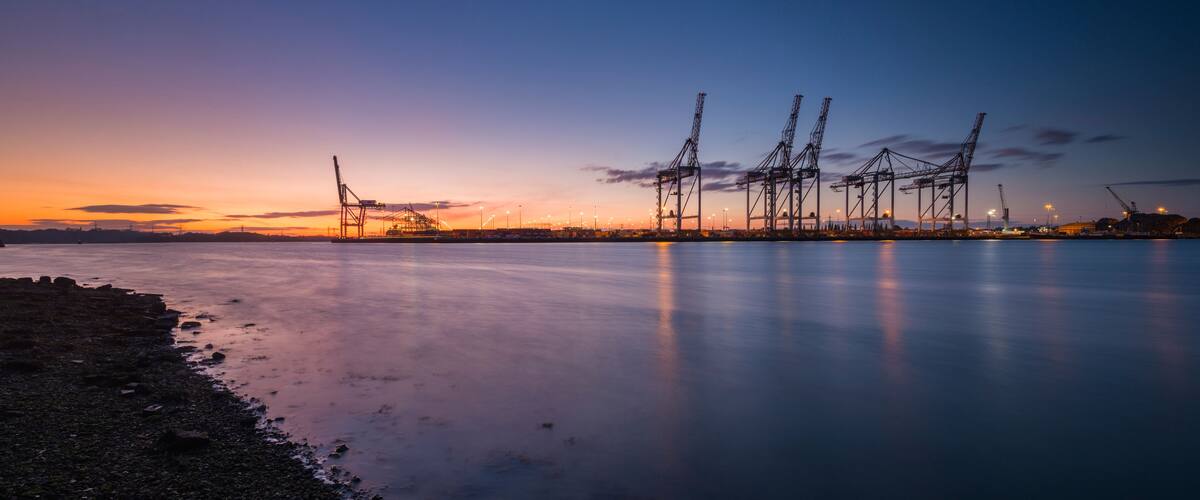 Southampton Docks viewed from Marchwood at sunset.
