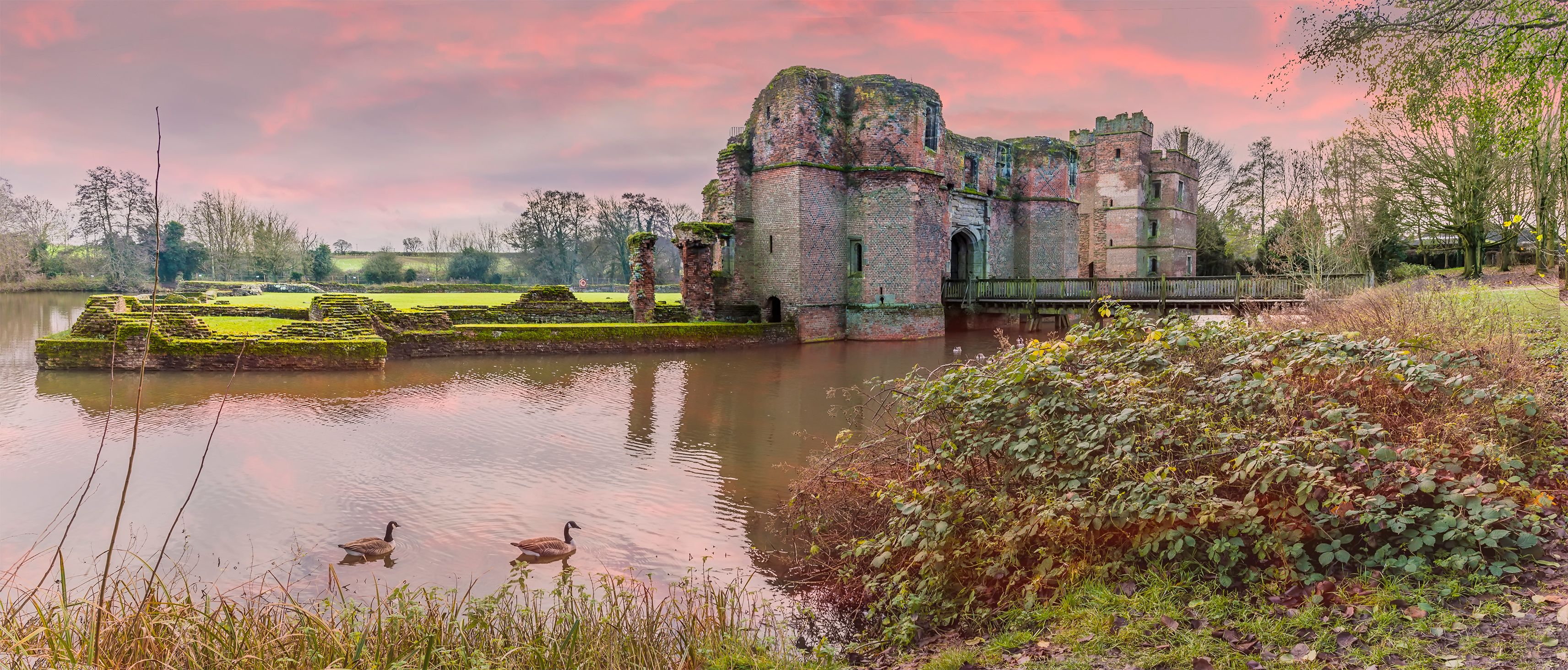 A historic castle ruin by a calm lake with ducks swimming.