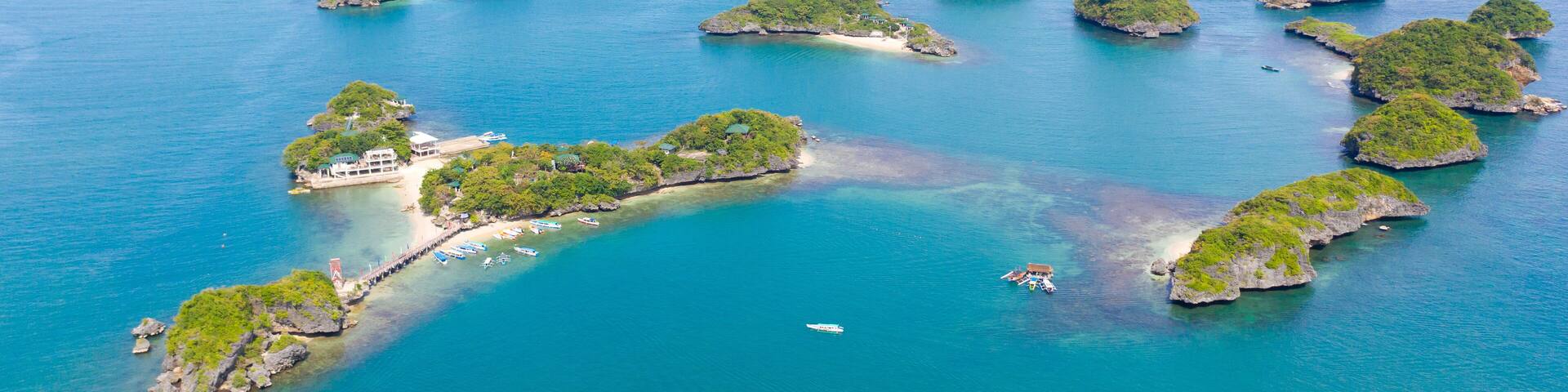 Seascape, a group of small islands, top view. National Park, Alaminos, Pangasinan, Philippines.