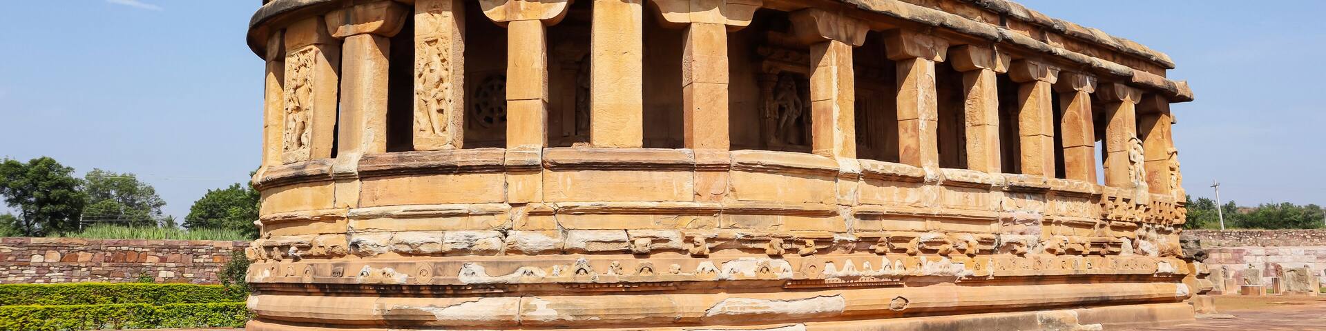 View of Shri Durga Temple, it educated to Sun God Aditya, Built in 7th Century, Aihole, Bagalkot, Karnataka, India.