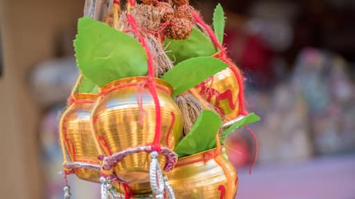 Copper Kalash with rudraksha mala, coconut, mango leaf, red thread or Kalava isolated on blurred background. Essential in Hindu puja. Selective focus.