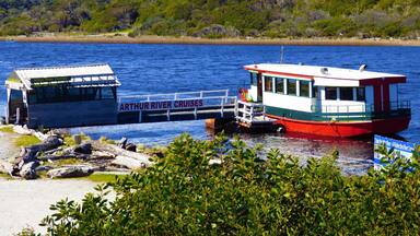 Un barco de crucero por el río, llamado 'Arthur River Cruises', atracado en un muelle con colinas verdes y exuberantes al fondo.