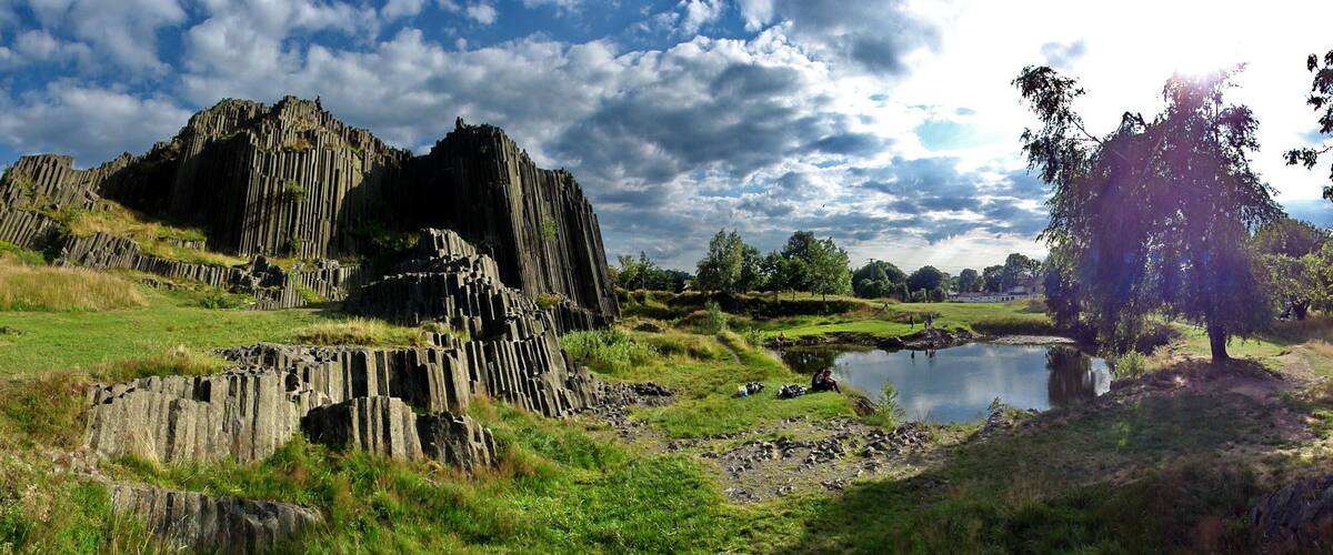 A rocky landscape with a pond and a large tree.