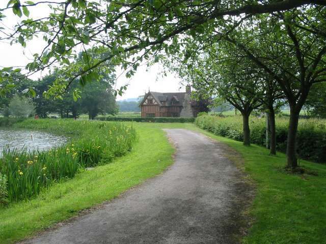 A rural path leading to a wooden house by a pond.