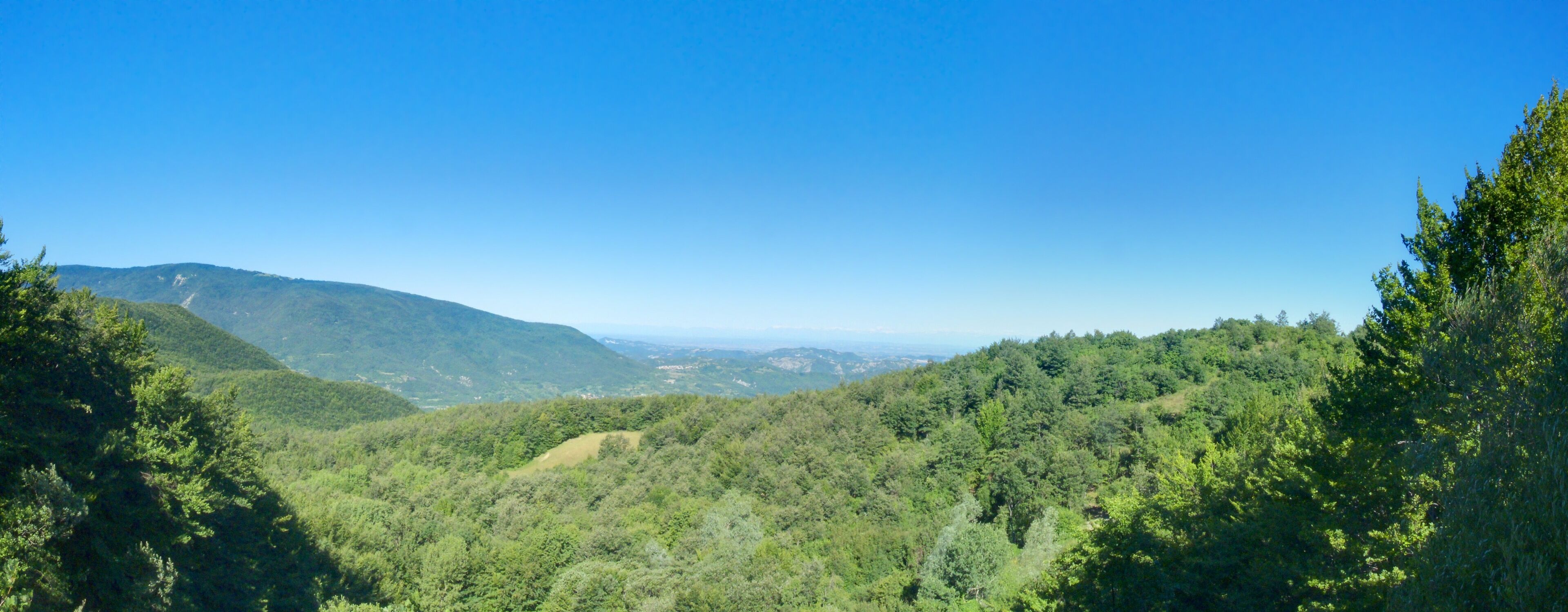 A mountainous landscape with dense forests and a clear blue sky.
