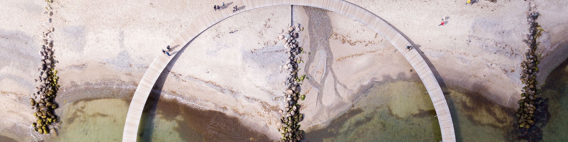 An aerial view of a circular water feature with a wooden walkway, surrounded by a sandy beach and rocky outcrops.
