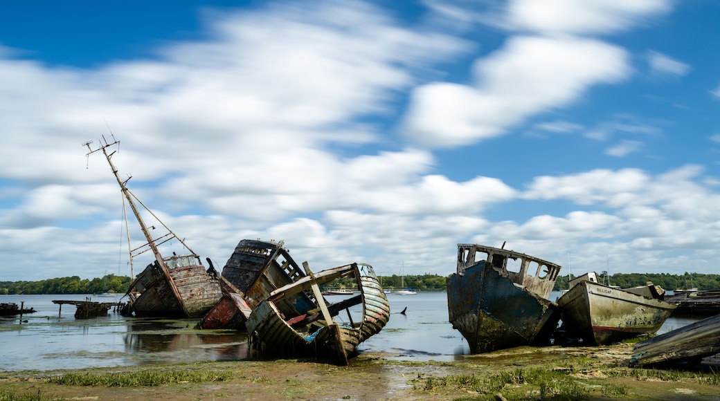 A row of sunken boats on a riverbank with a clear sky.