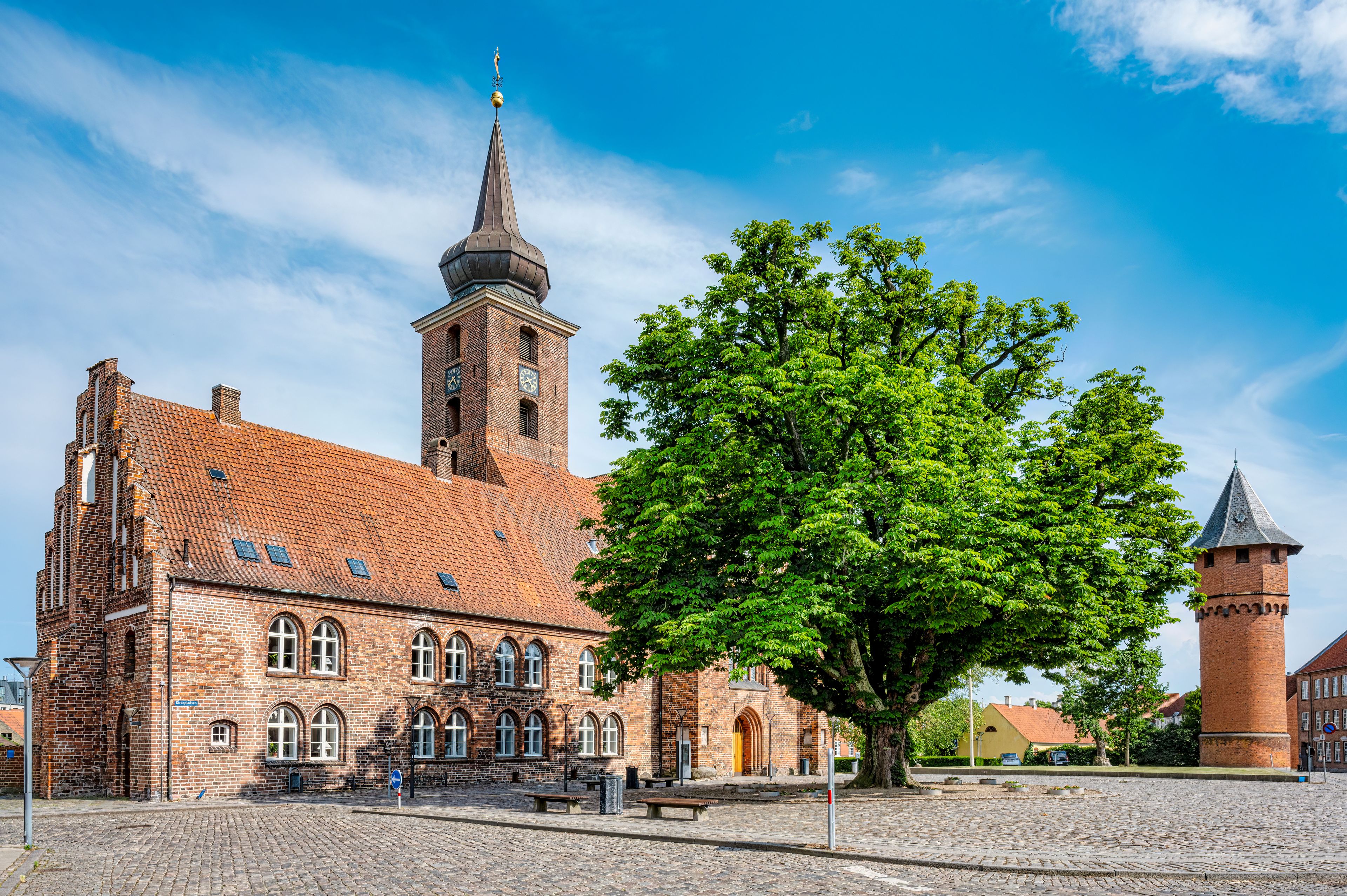 A historic brick building with a clock tower, a large tree in the foreground, and cobblestone pavement.