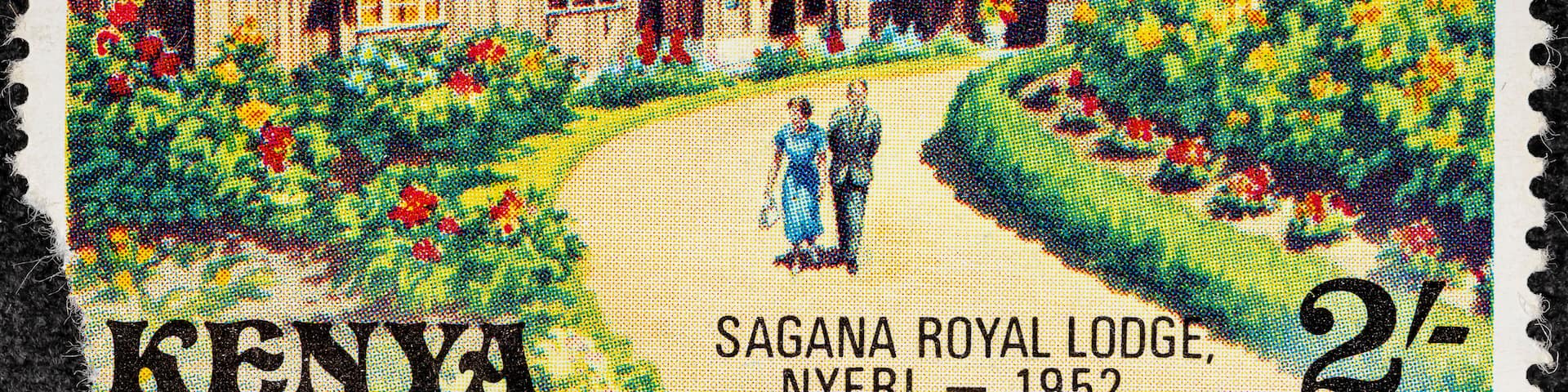 Kenya - circa 1977: A Kenyan postage stamp depicts Elizabeth II and Prince Philip at Sagana Lodge. Circa 1977.