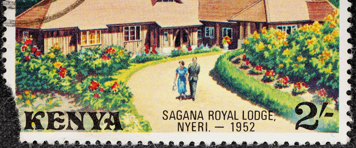 A 2-shilling silver jubilee stamp from 1977 featuring Sagana Royal Lodge in Nyeri, Kenya, established in 1952.