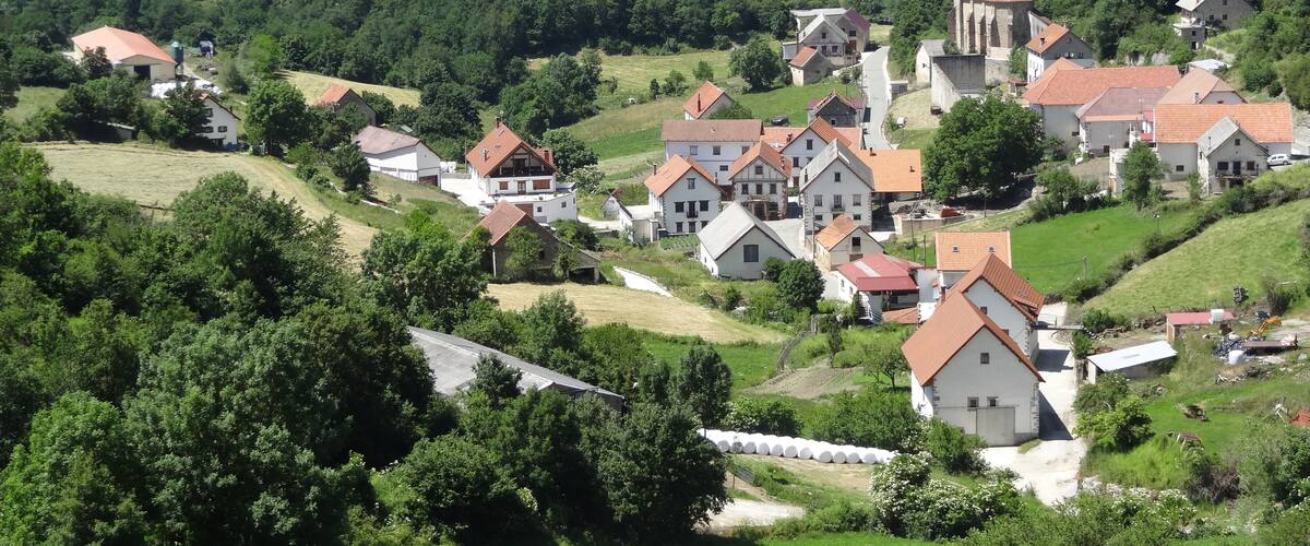 A village with houses surrounded by green fields and mountains in the background.