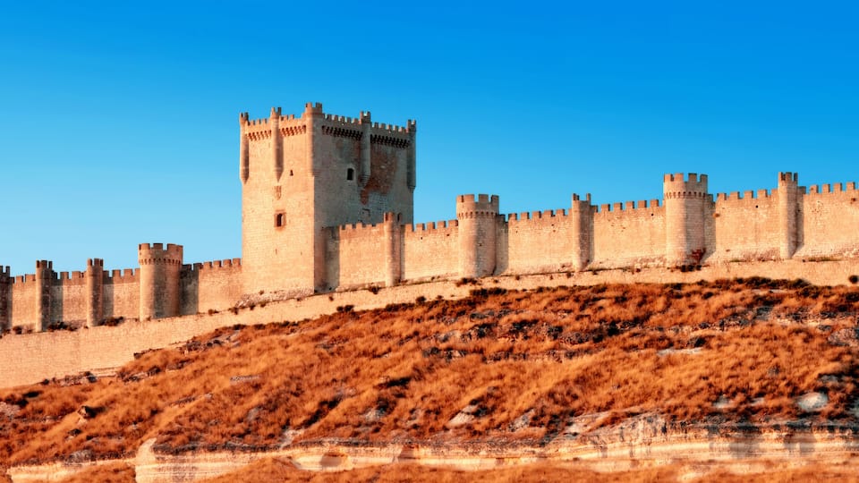 A medieval castle with multiple towers and a long wall, situated on a hillside with sparse vegetation.