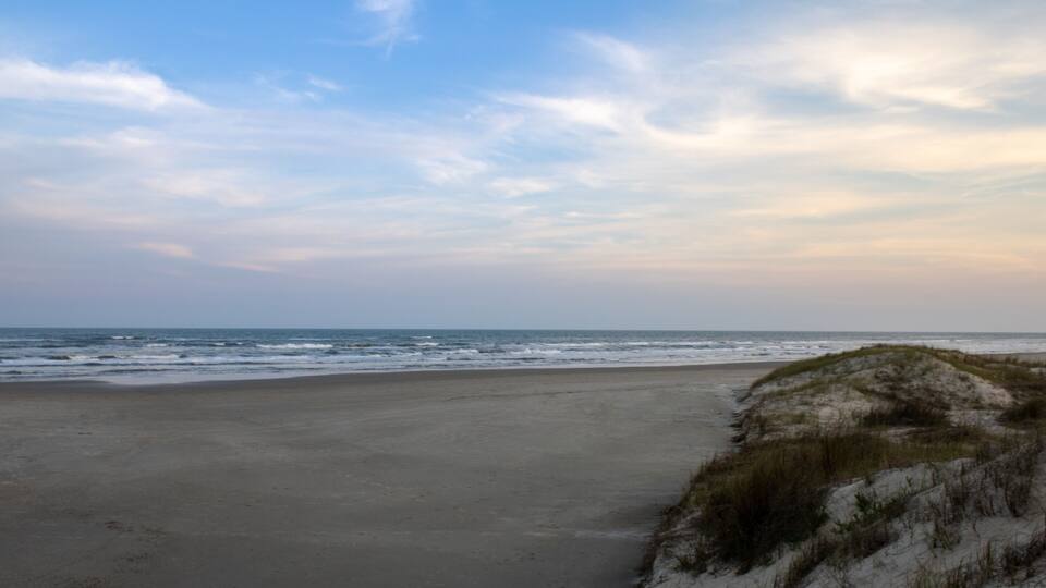 A beach with waves, a clear sky, and dunes.