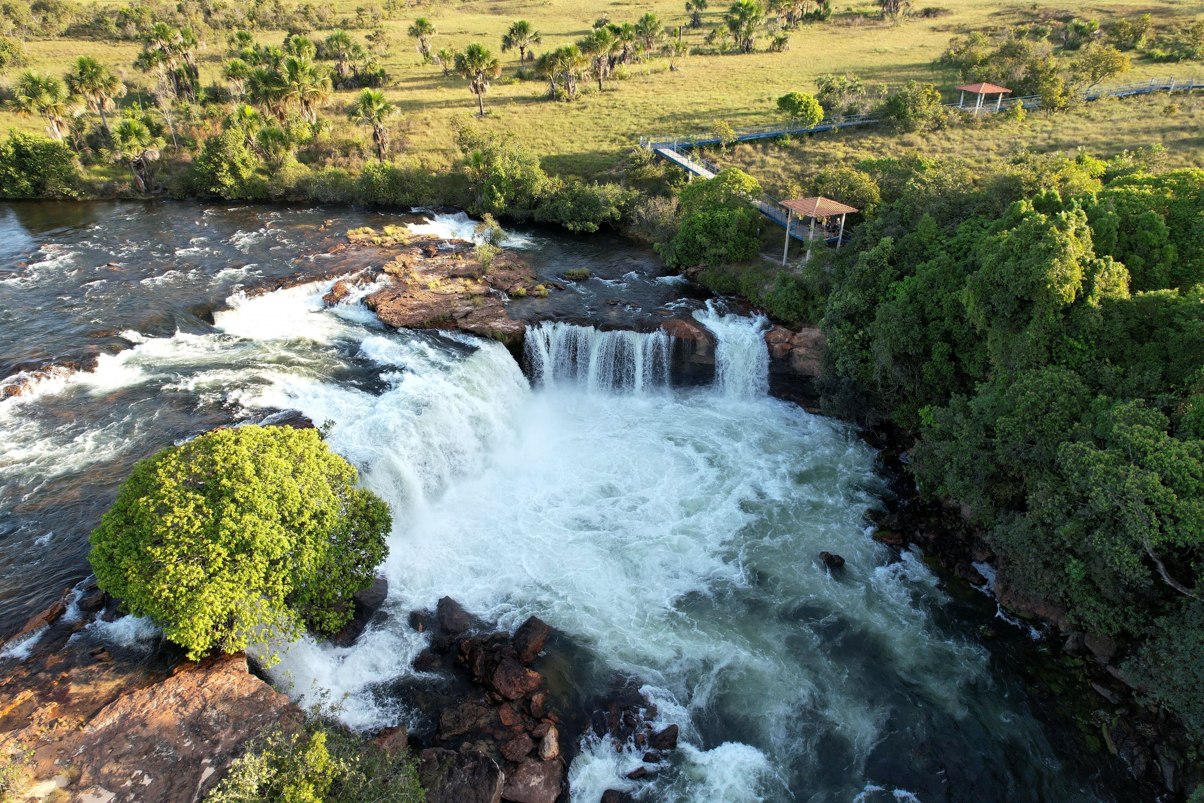 Aerial view of the Velha Waterfall in the Jalapao desert of Tocantins, Brazil.