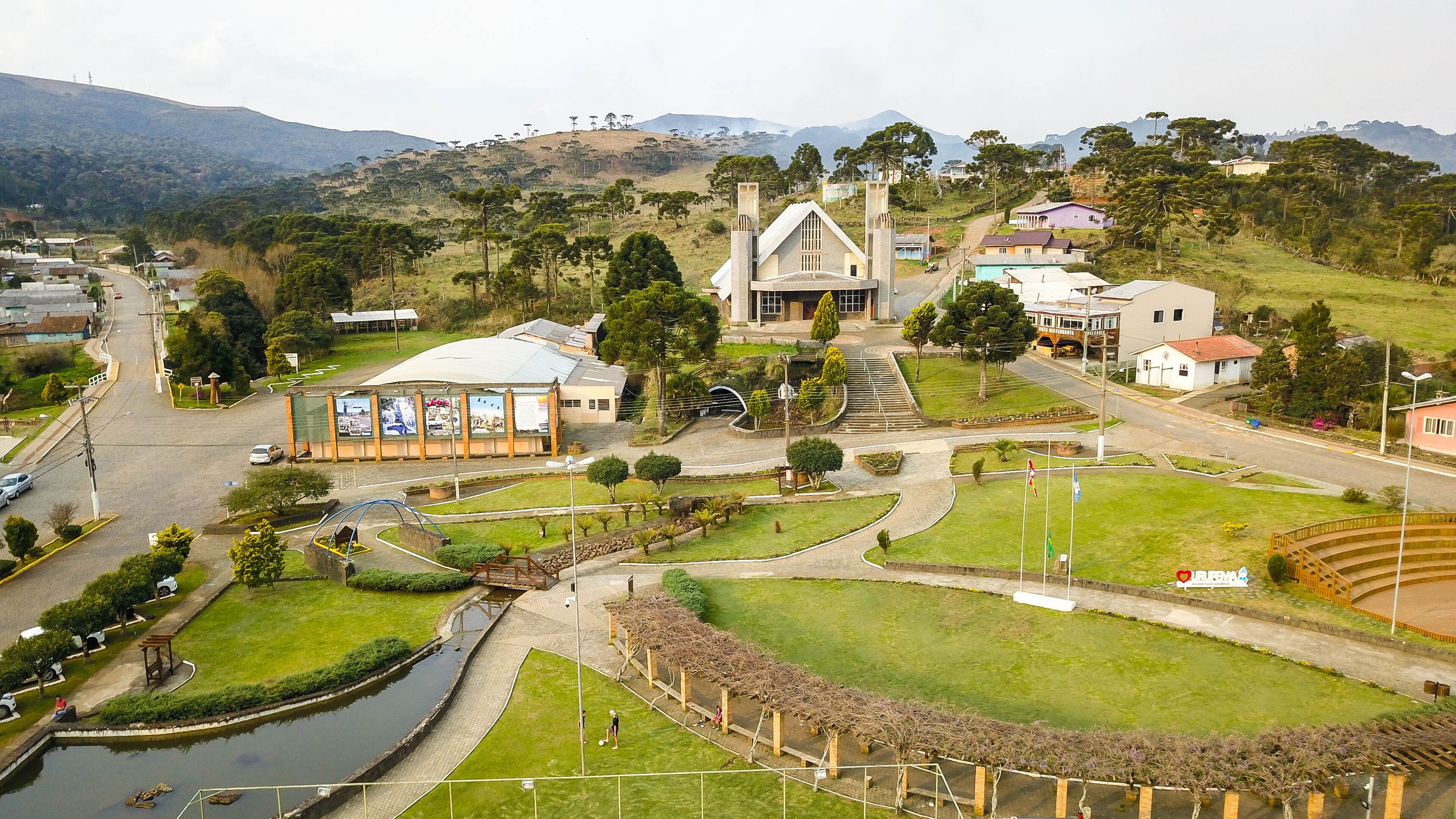 Urupema - SC. Aerial view of the mother church and central square of Urupema - Santa Catarina - Brazil