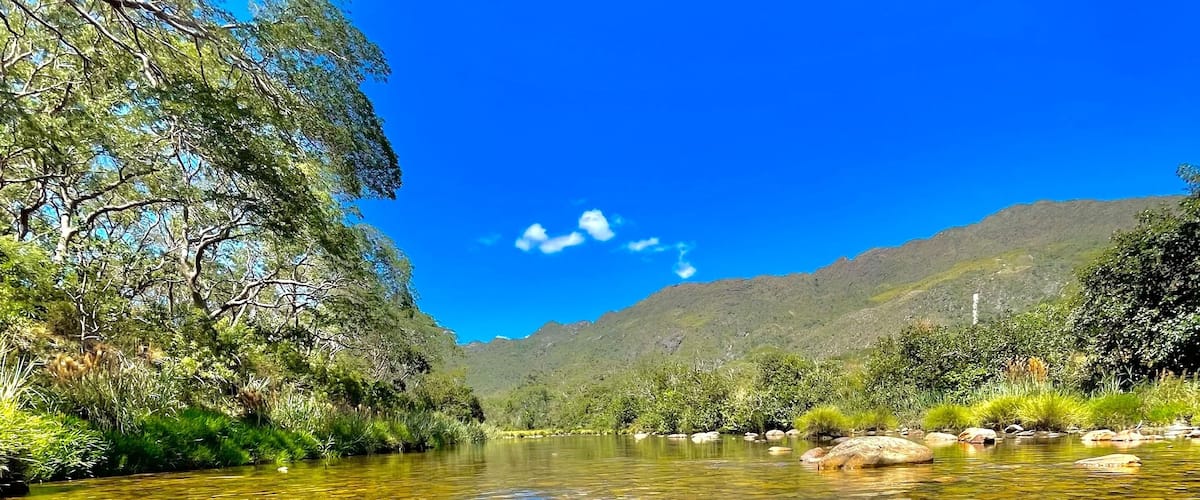 A clear river with visible rocks and a forested hillside.