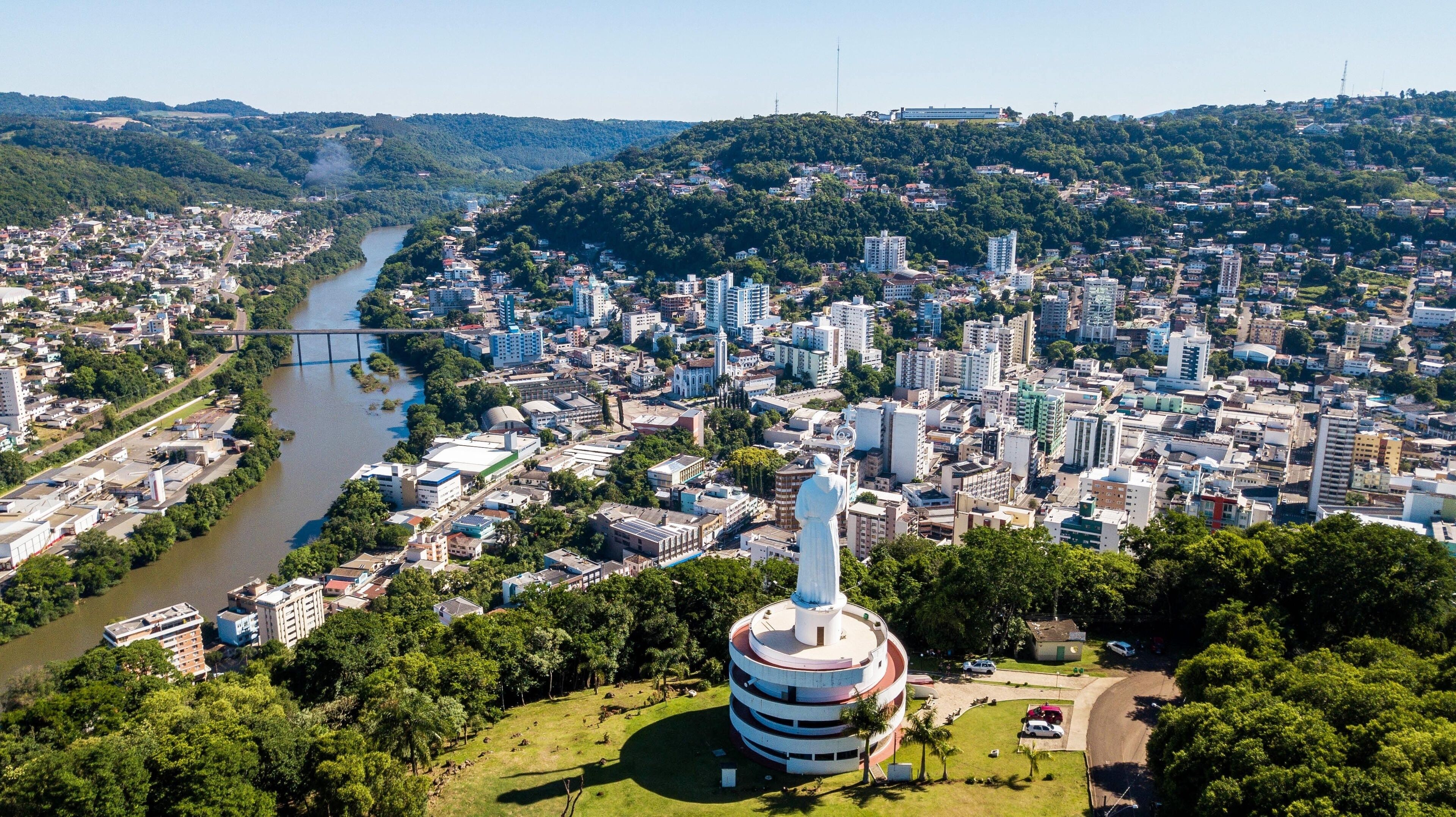 Joaçaba - SC. Aerial view of Joaçaba city and Frei Bruno monument - Santa Catarina - Brazil