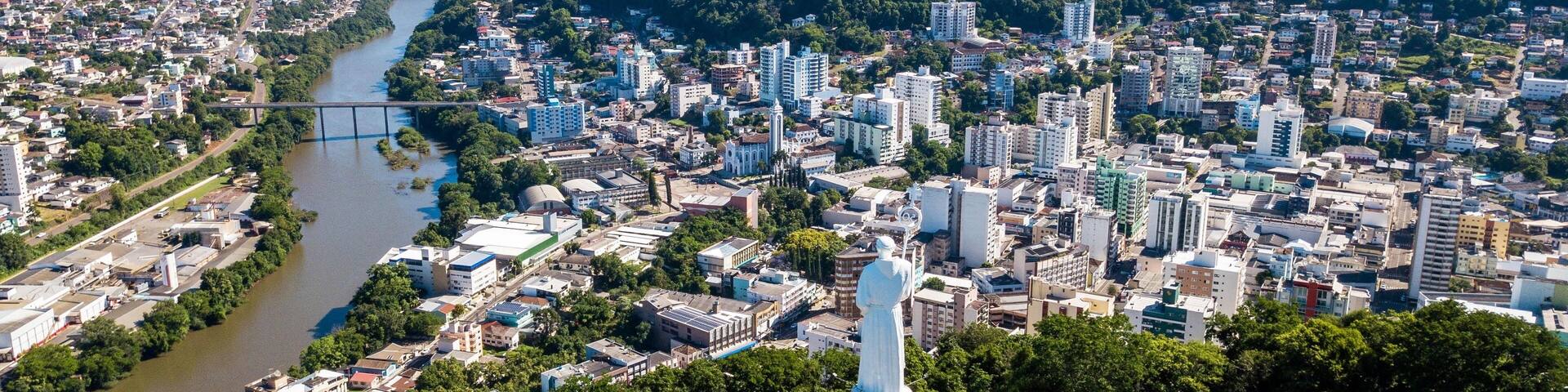 Joaçaba - SC. Aerial view of Joaçaba city and Frei Bruno monument - Santa Catarina - Brazil