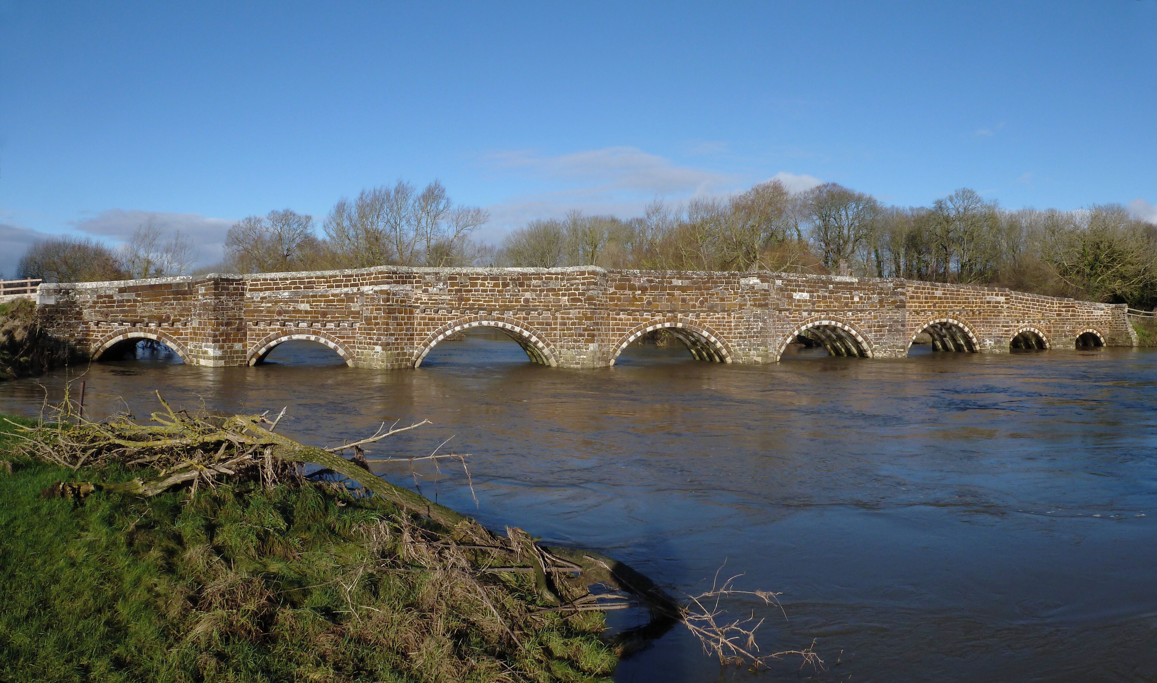 A stone bridge over a river with grassy banks and trees in the background.