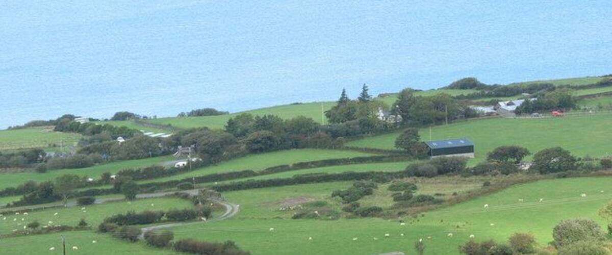 A coastal landscape with rolling hills, green fields, scattered sheep, and a few buildings.