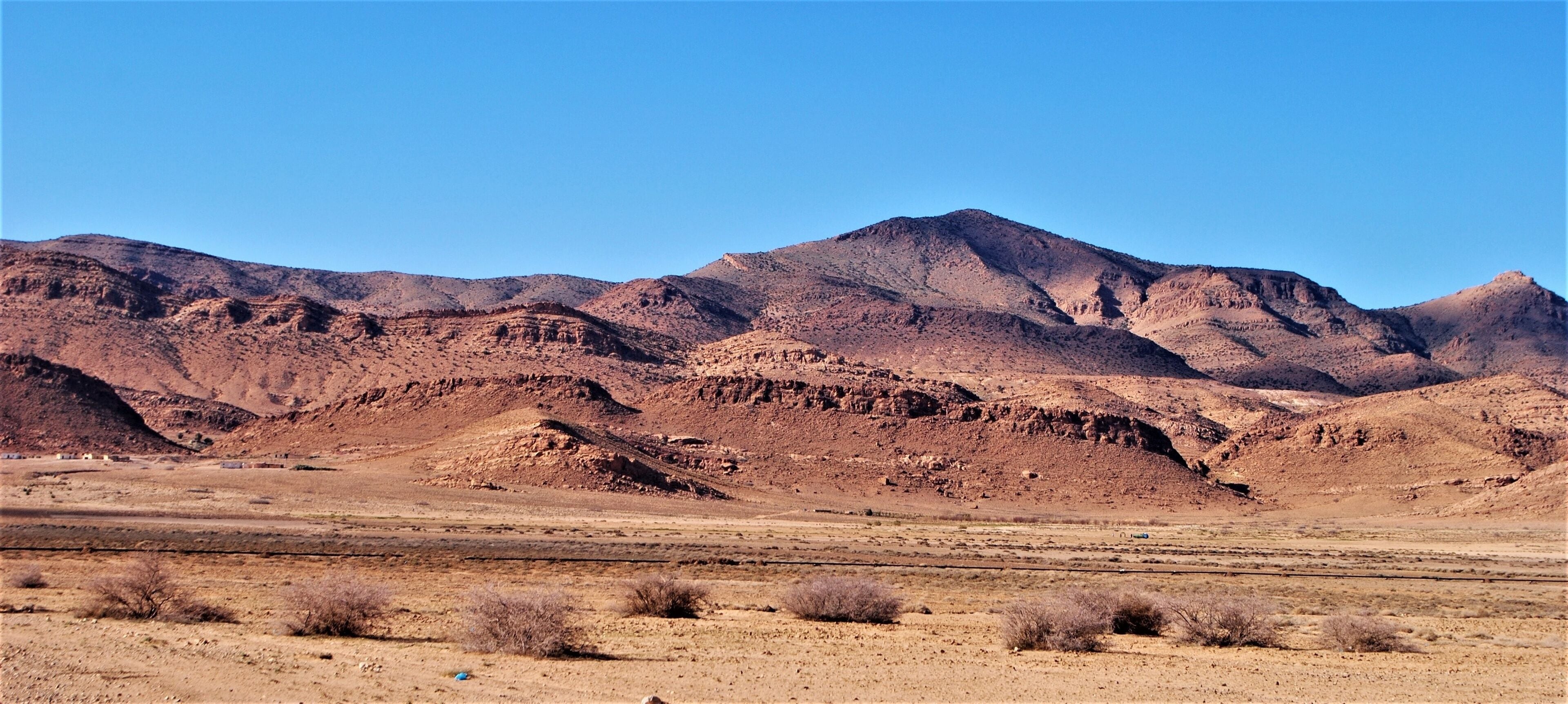 A desert landscape with mountains in the background.
