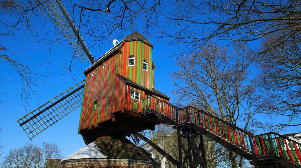 View on red green colorfull striped wind mill (Narrenmuhle)