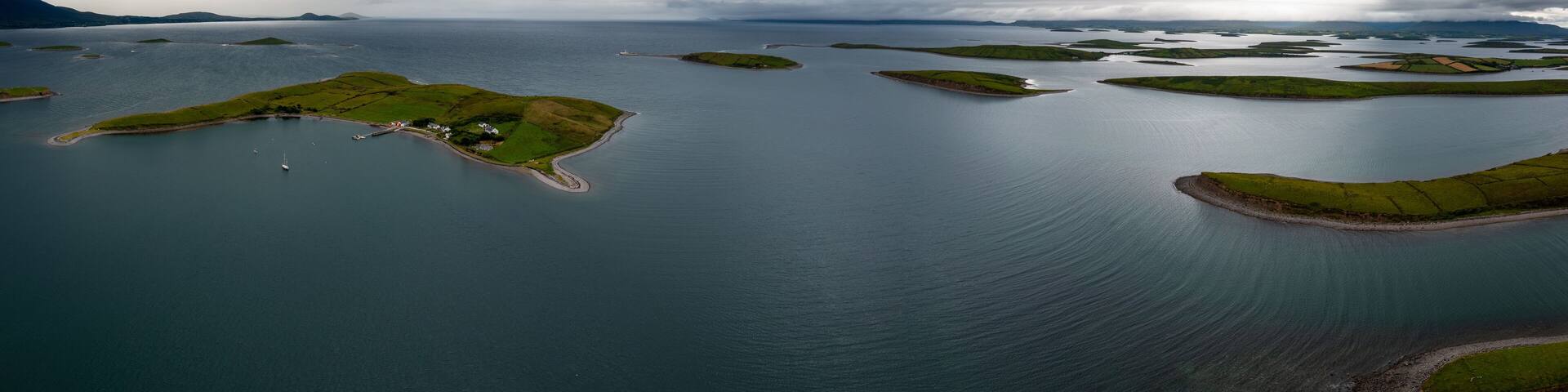 panorama landscape of the sunken drumlin islands of Clew Bay in County Mayo of western Ireland