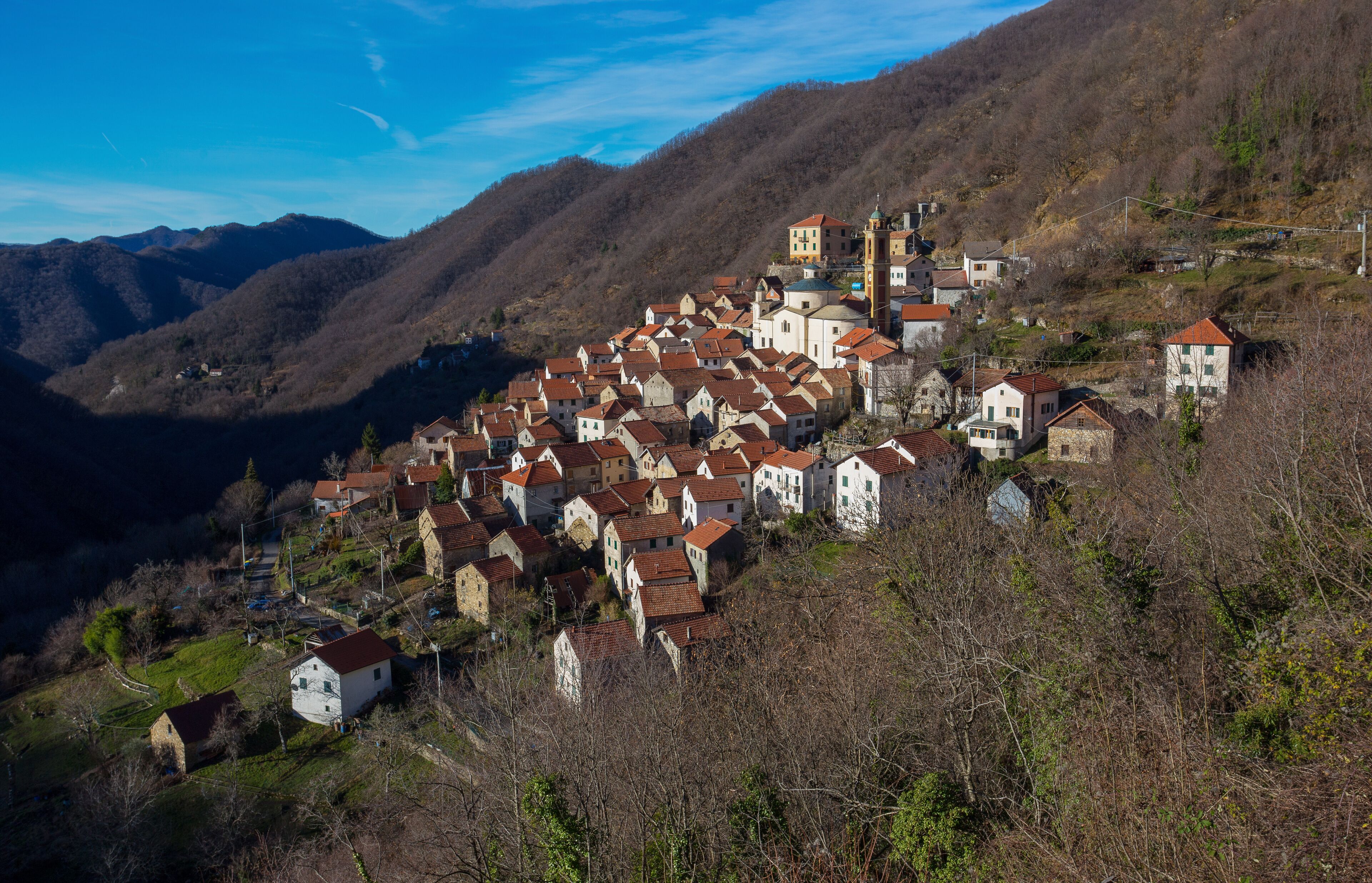 Over view of the village of Pentema in the inland of Genoa, Italy