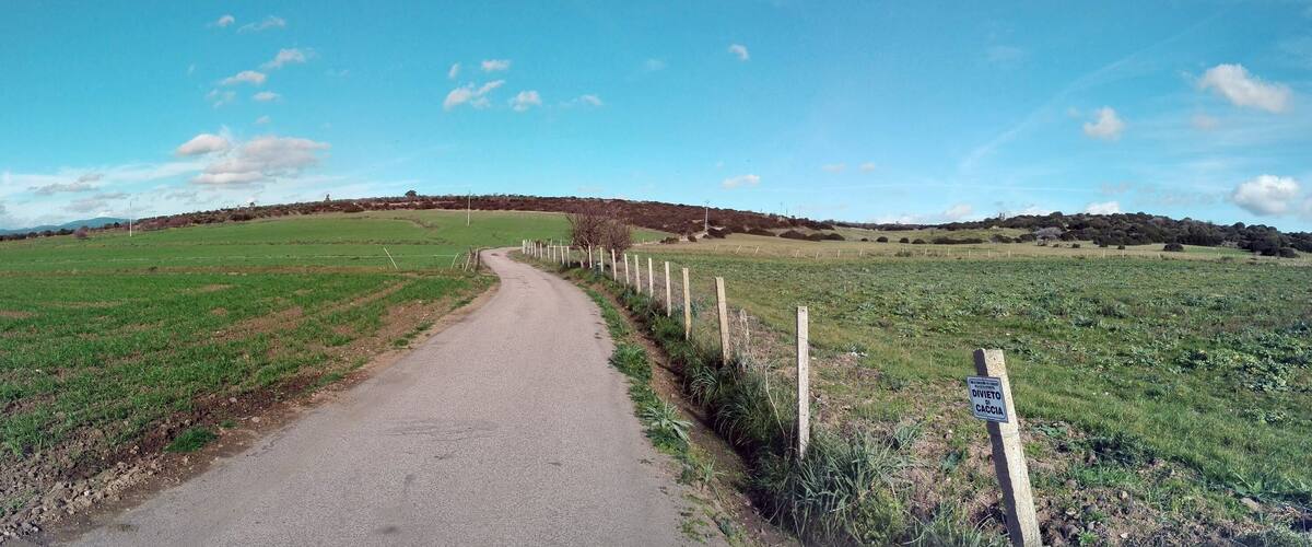 A rural road leading through a field with a fence on one side and a hill in the distance.