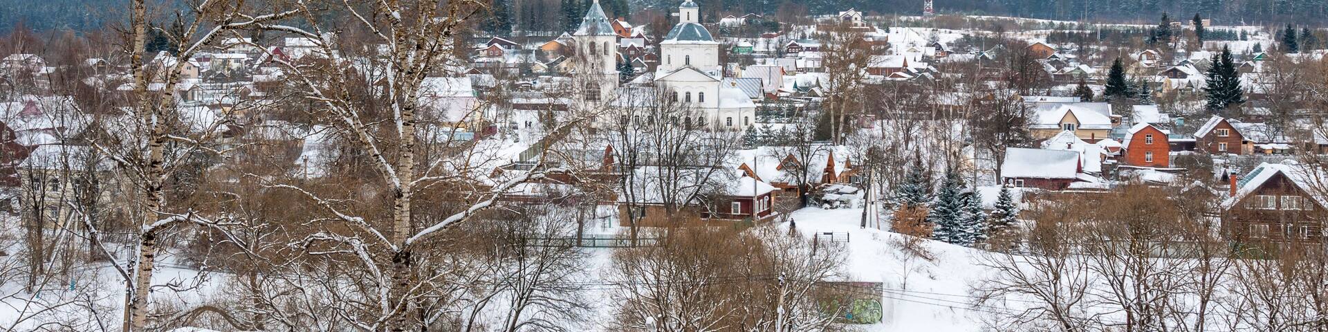 View of town Vereya and Church of the Epiphany in winter, Naro-Fominsky District, Moscow Oblast, Russia