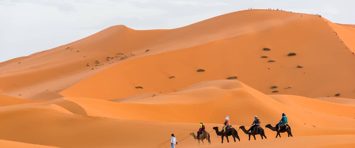 A group of people riding camels across a vast desert landscape with rolling sand dunes.