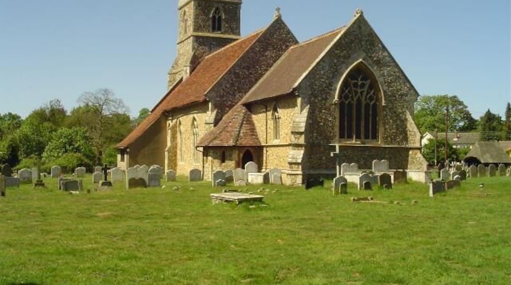 Brantham St Michael's church, near to Brantham, Suffolk, Great Britain. The moment you approach Brantham church you are struck by the lychgate with its shingled roof and carved roses. The church itself is 14th c. but has been much restored and added to, giving it an especial charm. The church has an original John Constable painting, painted in his early years and presented to the church as an altarpiece in 1804.