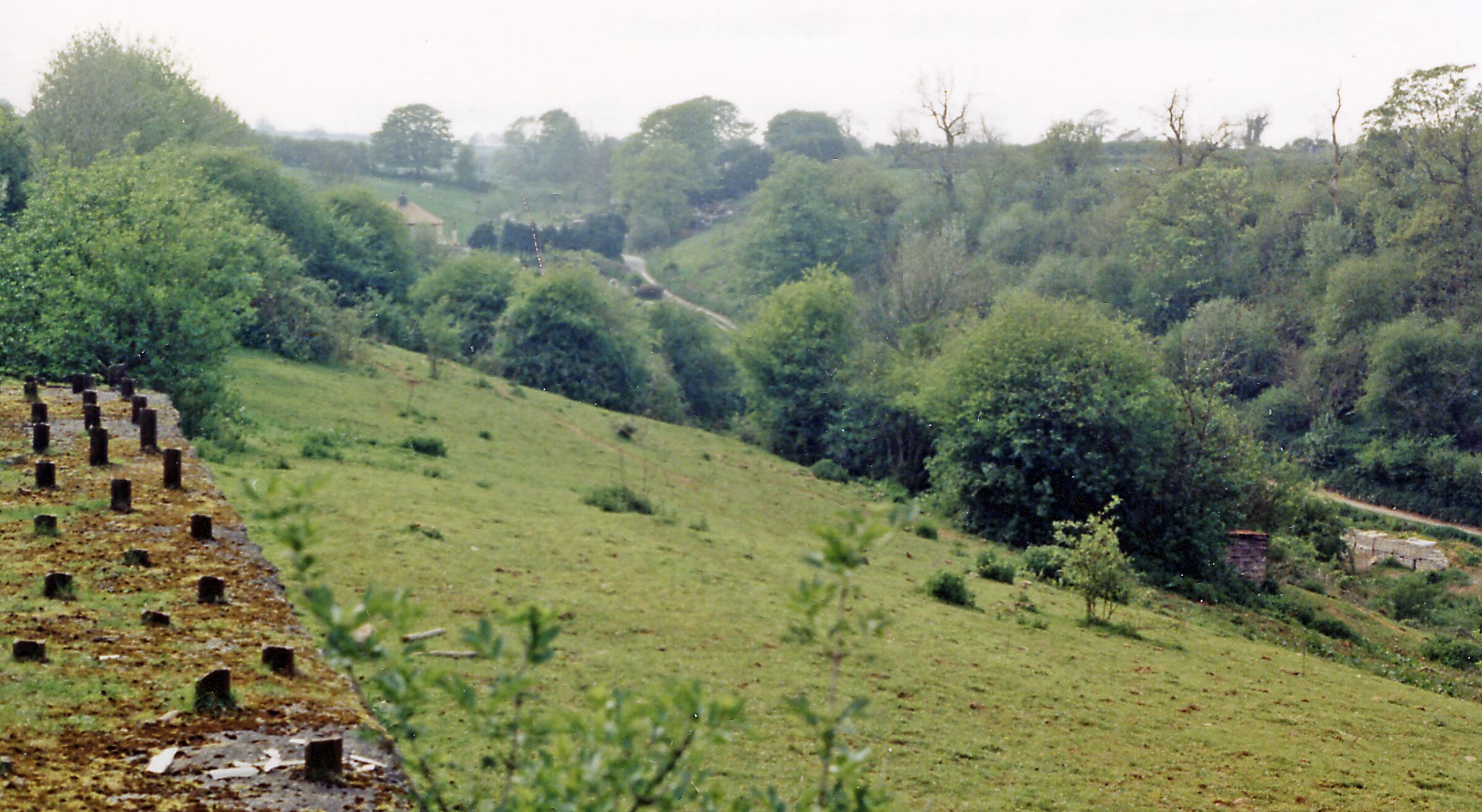 Site of Chilcompton station, 1987. View SW, towards Evercreech Junction, Templecombe and Bournemouth: ex-Midland & LSW (Somerset & Dorset) Joint line, Bath - Bournemouth West. This was on the long climb from Radstock to Masbury Summit; ahead was Chilcompton Tunnel. The whole line was closed on 7/3/66.
