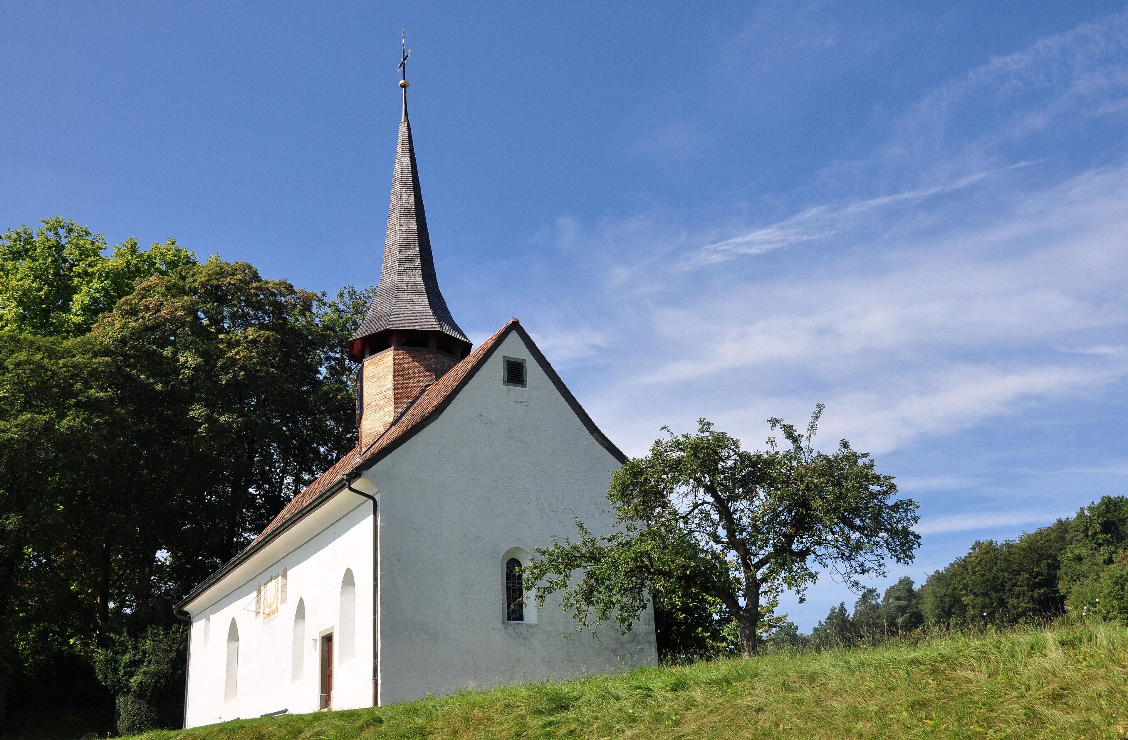 A white church with a tall steeple and a red roof, surrounded by trees and grass.