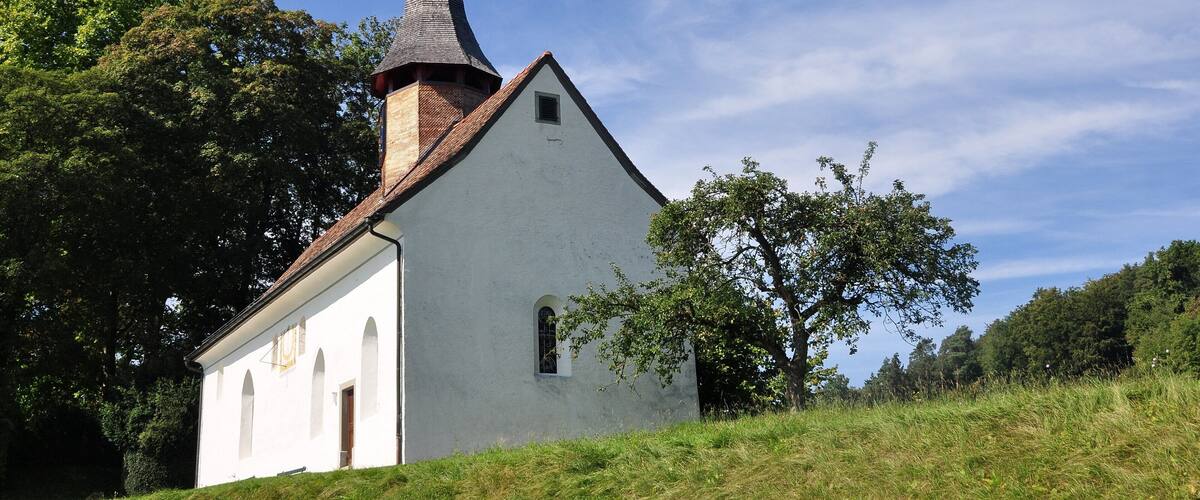 A white church with a tall steeple and a red roof, surrounded by trees and grass.