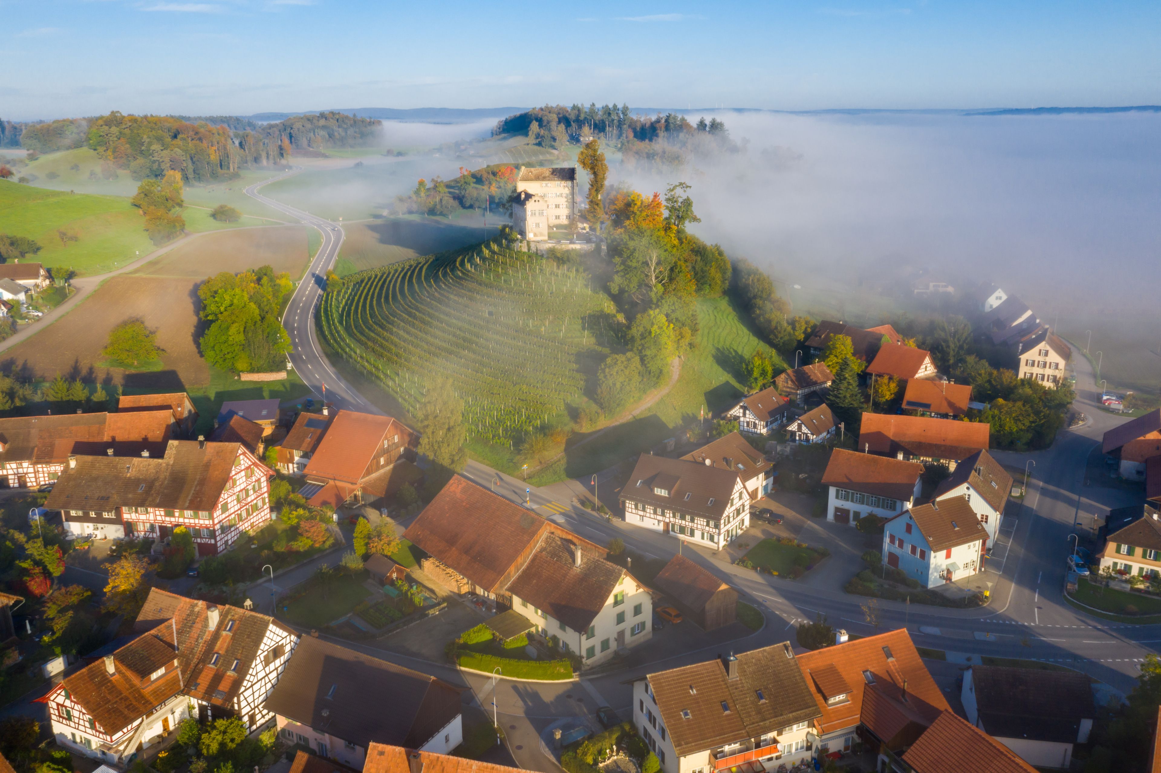 Un pueblo con casas tradicionales, un camino serpenteante y un castillo rodeado de niebla.