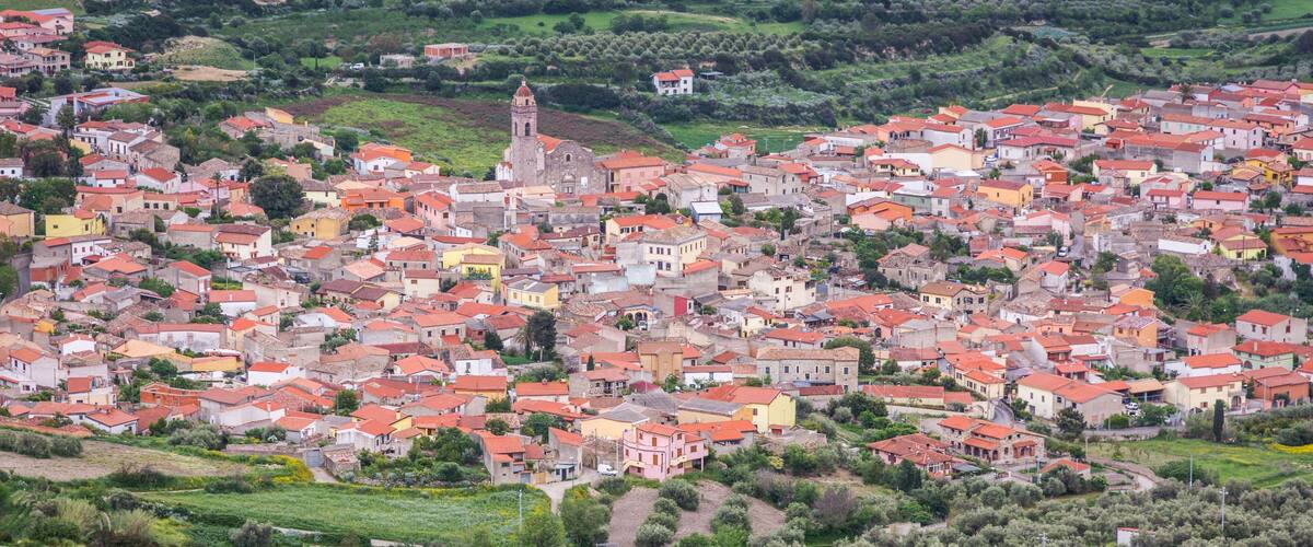 A densely packed hillside town with red-roofed buildings, a prominent church, and surrounding olive groves.