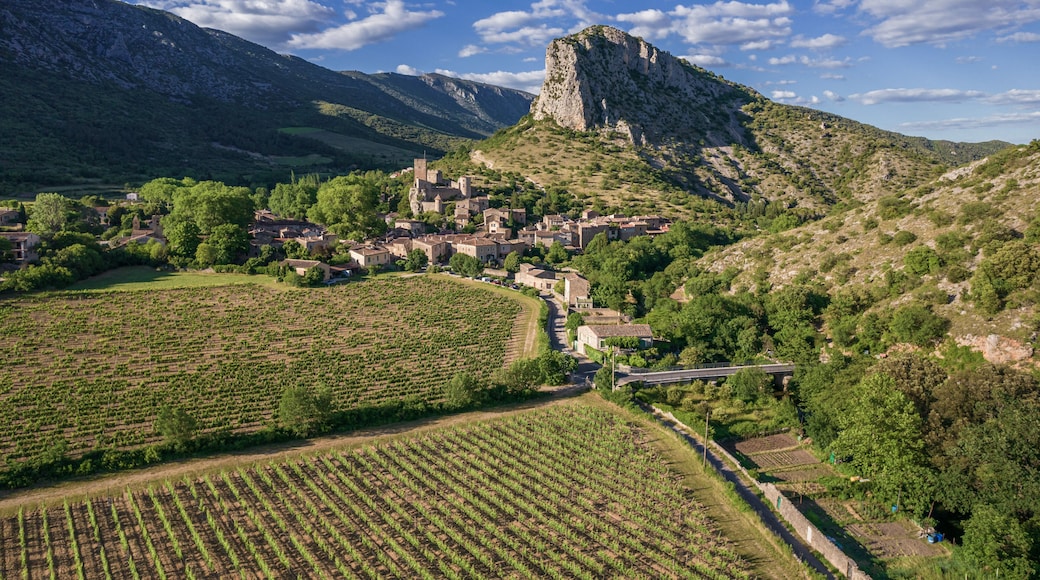 Aerial view of a medieval village, Saint-Jean-de-Bueges with vineyard on mountains in summer in France